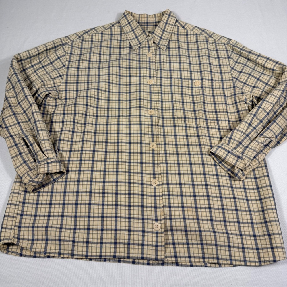 Eddie Bauer Plaid Button  Shirt M  Tan Navy Cotton Long Sleeve Grandpa outdoor